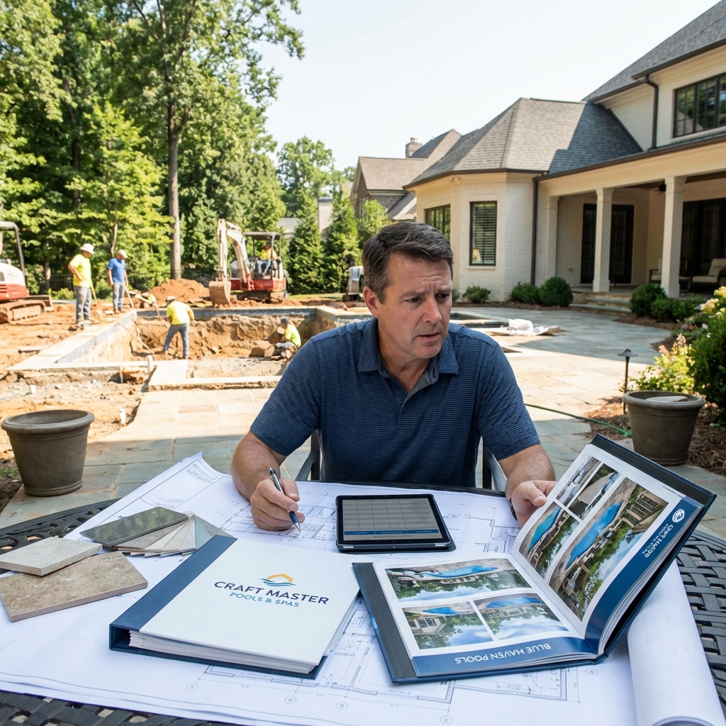 Luxury custom pool with stone hardscaping and integrated spa in a Charlotte backyard