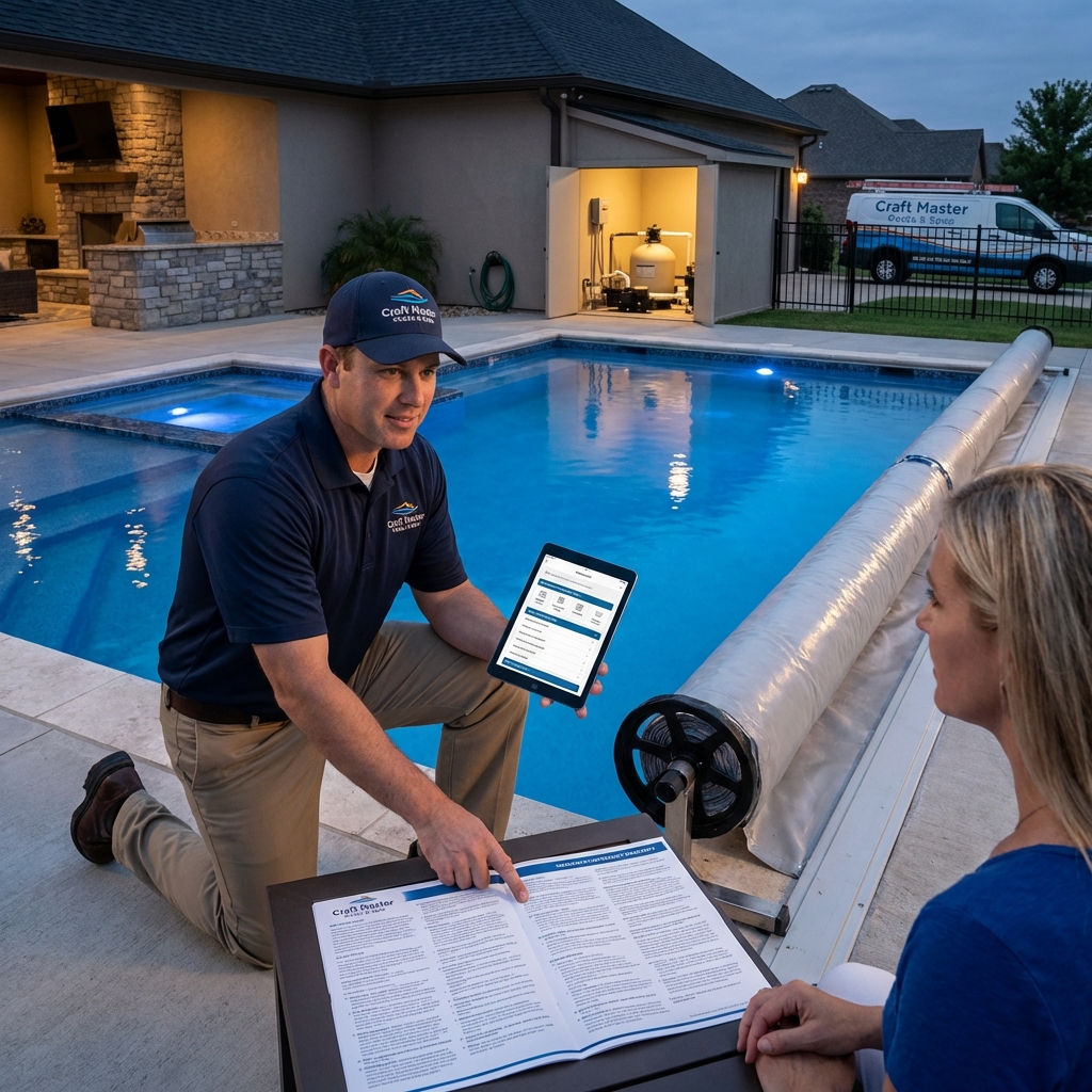 Professional pool technician inspecting equipment at a residential pool in North Carolina