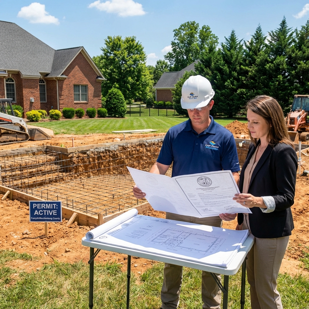 Pool construction site with active permit and blueprints being reviewed by contractor and inspector