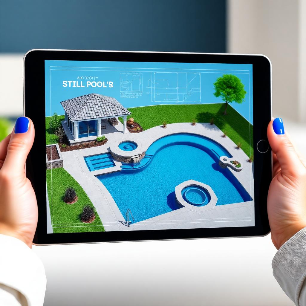 3D custom pool design rendering on a tablet