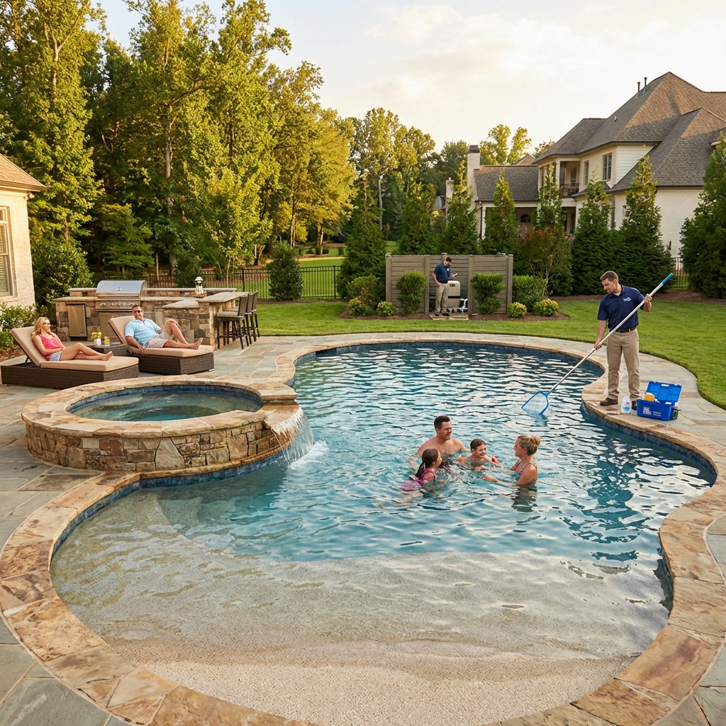 Professional pool maintenance technician testing water chemistry at a residential pool