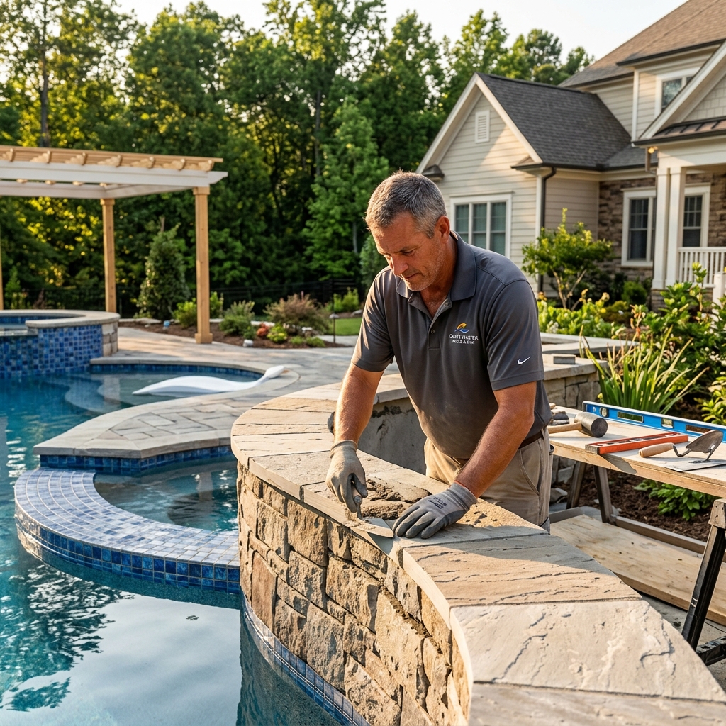 Craft Master Pools craftsman finishing bluestone coping on a curved gunite pool shell during construction in North Carolina