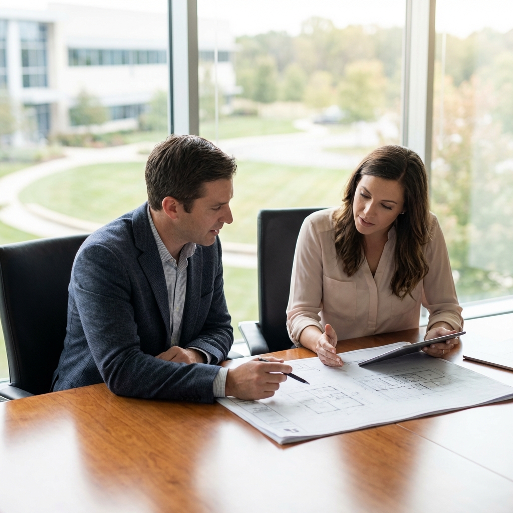 Pool contractor reviewing design plans with homeowners in a professional consultation