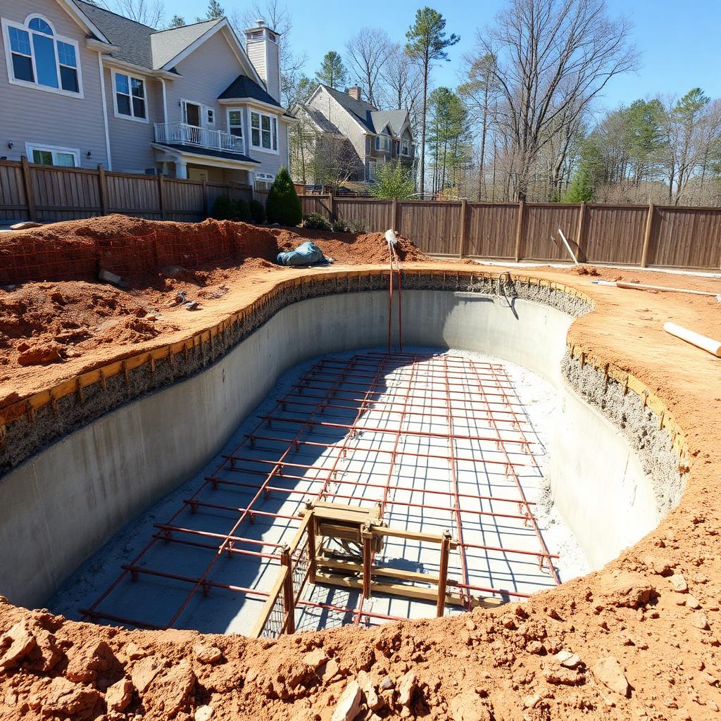 Custom pool excavation and steel reinforcement during construction in North Carolina