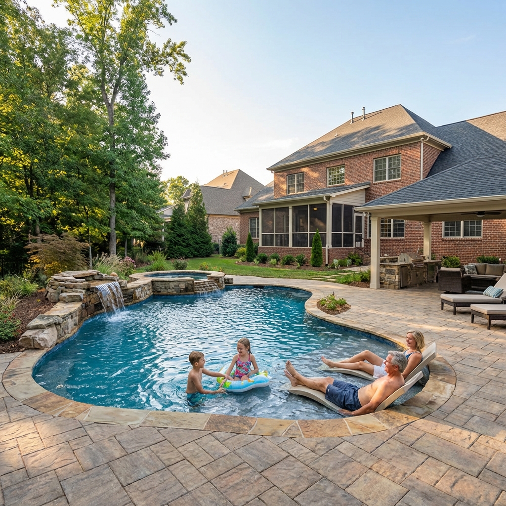 Luxury custom pool with integrated spa and stone hardscaping in a Charlotte backyard