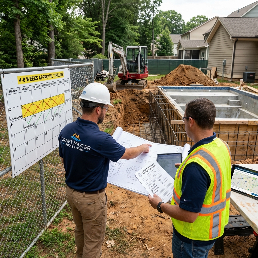 Construction crew reviewing permit timeline and inspection schedule at active pool build site