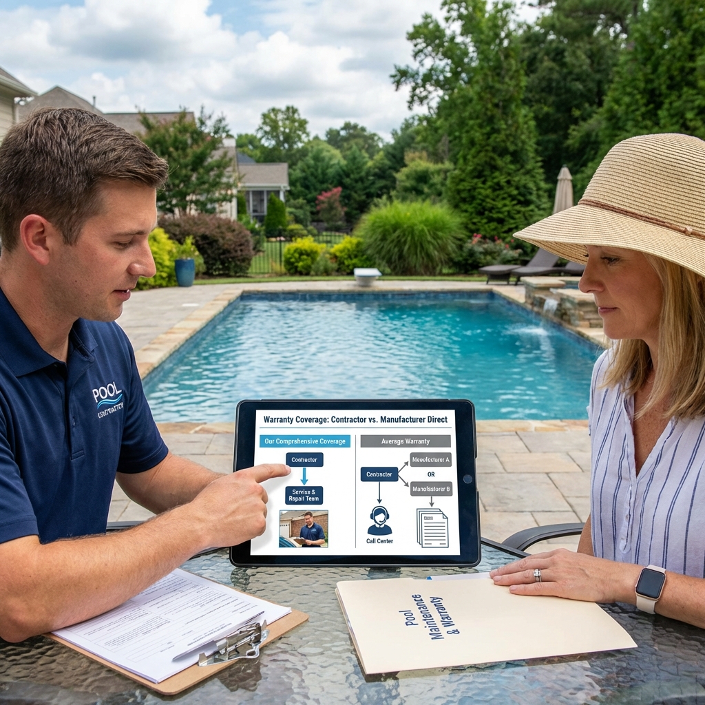 Pool owner reviewing warranty coverage, service responsibilities, and maintenance documentation with a Craft Master Pools specialist beside the backyard pool