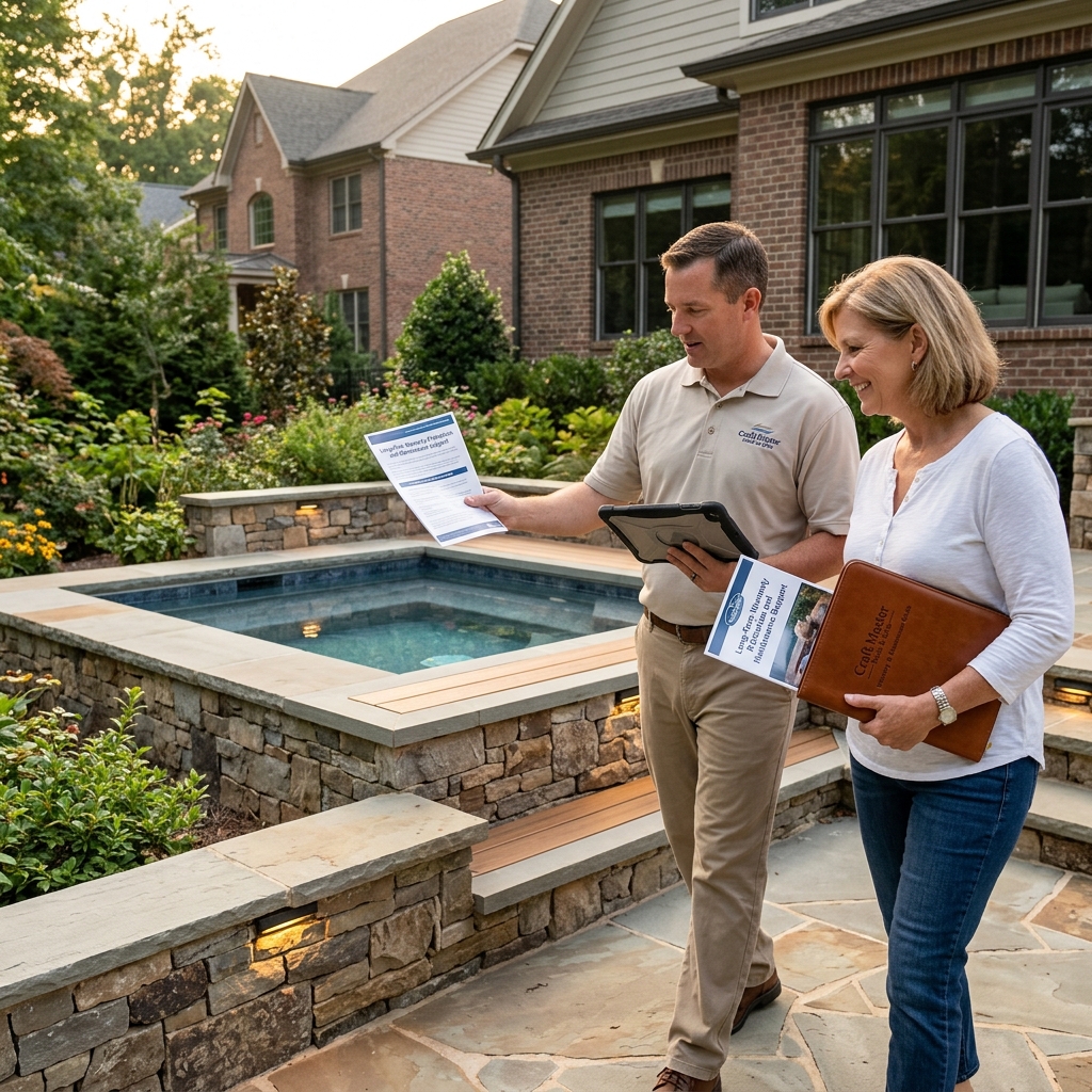 Homeowner reviewing spa warranty and maintenance documents with a Craft Master representative
