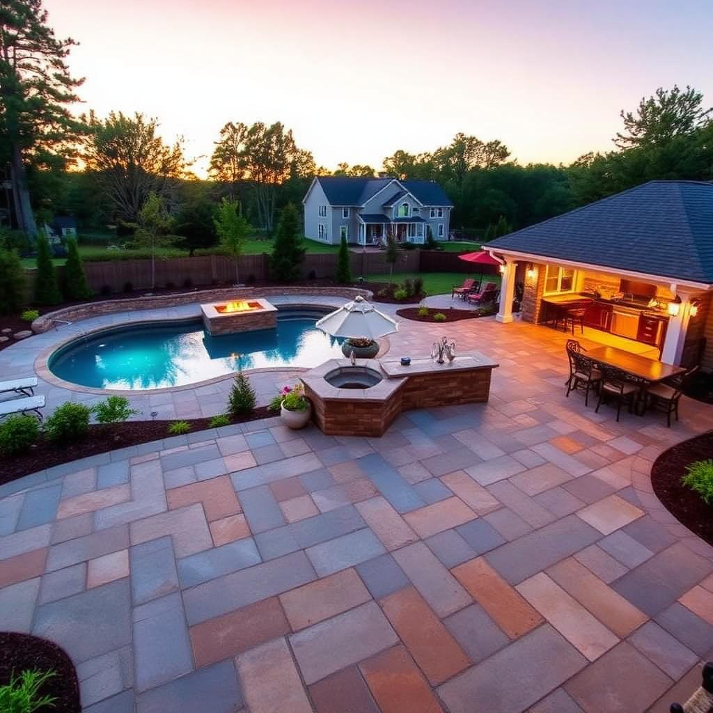 Completed hardscape patio with pool, outdoor kitchen, fire pit, and landscape lighting