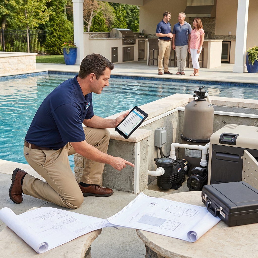 Well-maintained luxury pool with clean water and professional stone decking