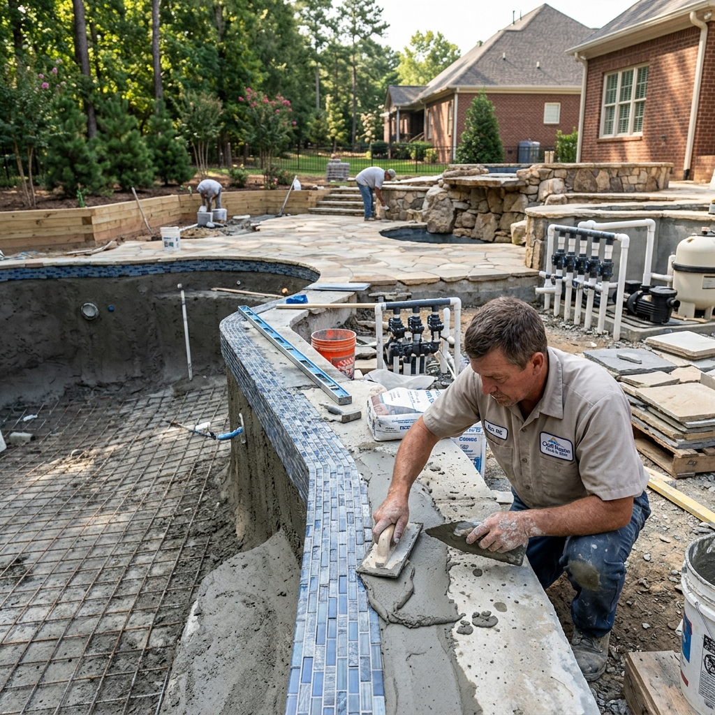 Craft Master Pools mason setting natural stone veneer on a curved pool wall beside a finished blue tile spa in a North Carolina backyard