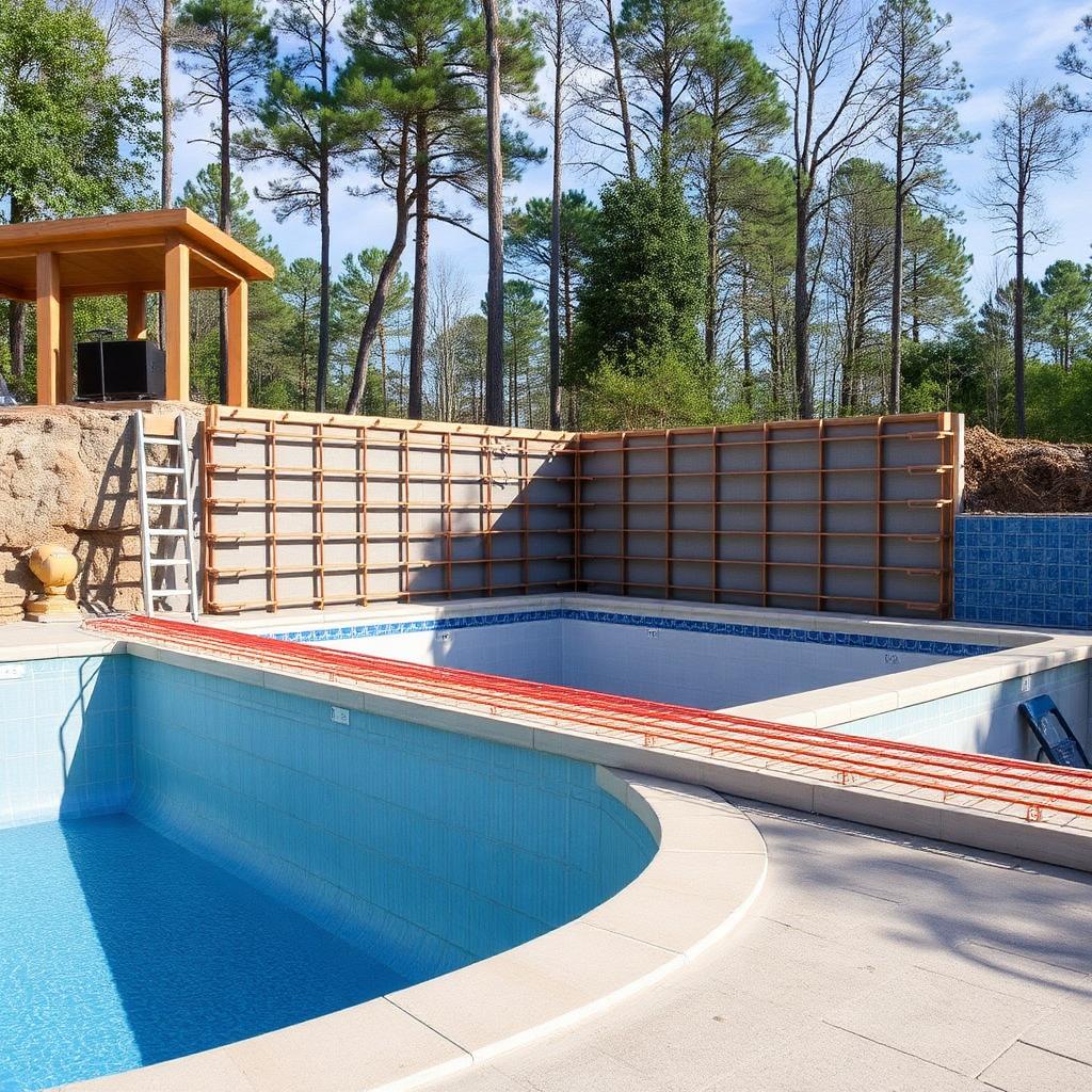 Pool construction showing gunite shell and structural framework