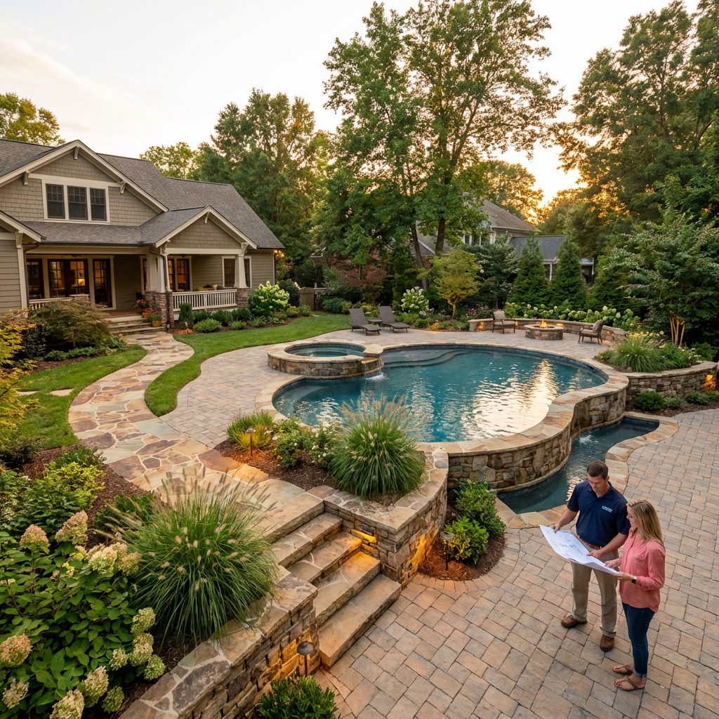 A landscaped Charlotte backyard with a custom pool, spillover spa, flagstone patio, and lush native plantings