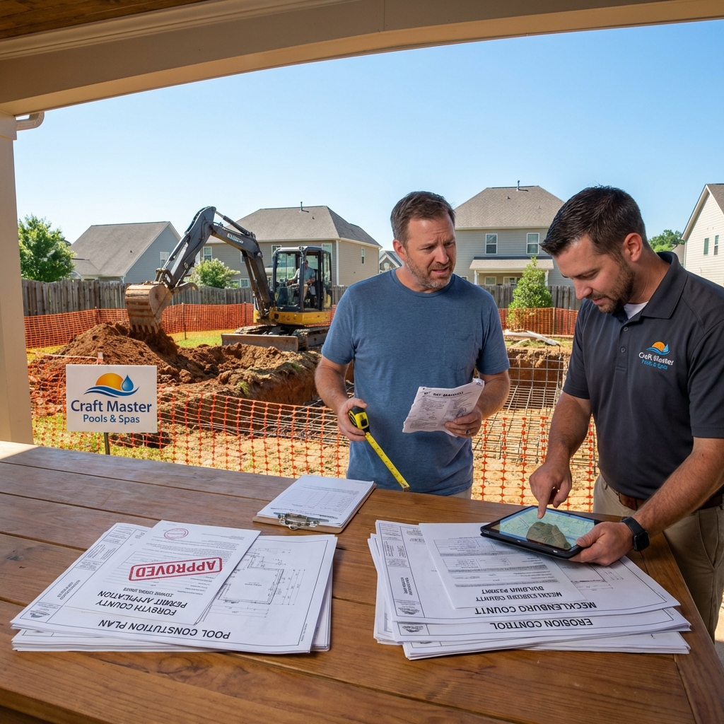 Homeowner and pool builder reviewing permit documents and construction plans at project site