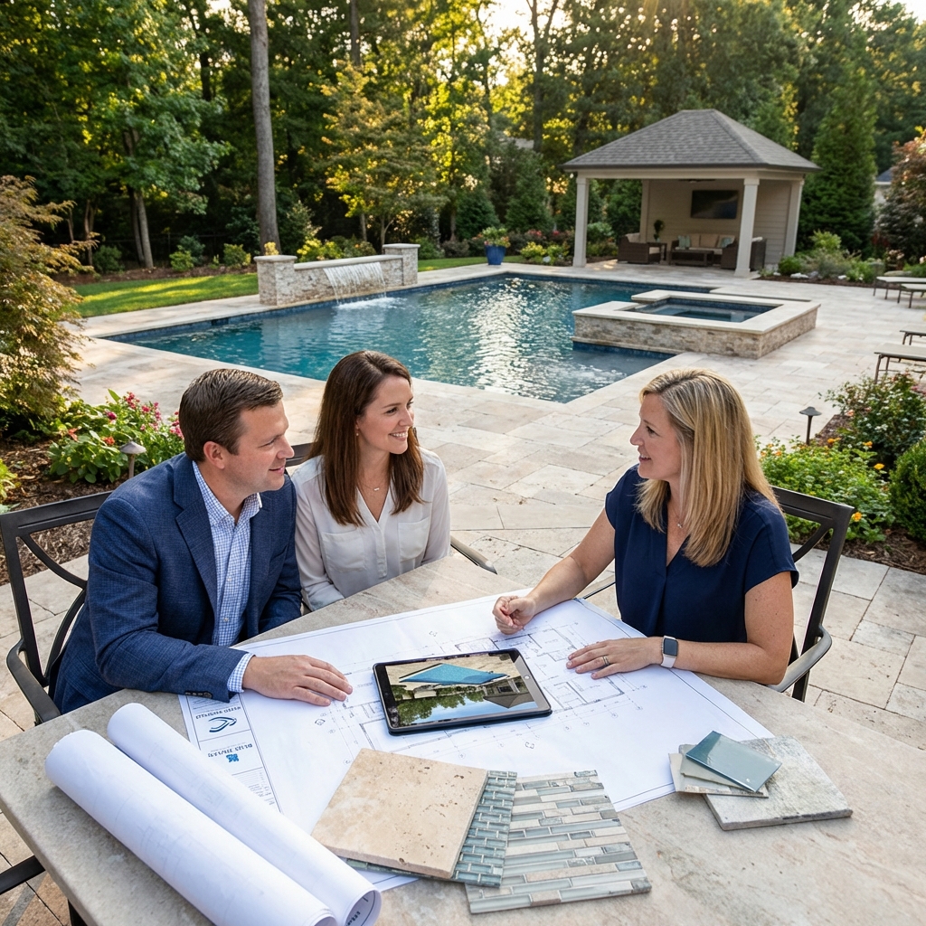 Completed luxury pool with outdoor living area featuring fire pit and lounge seating
