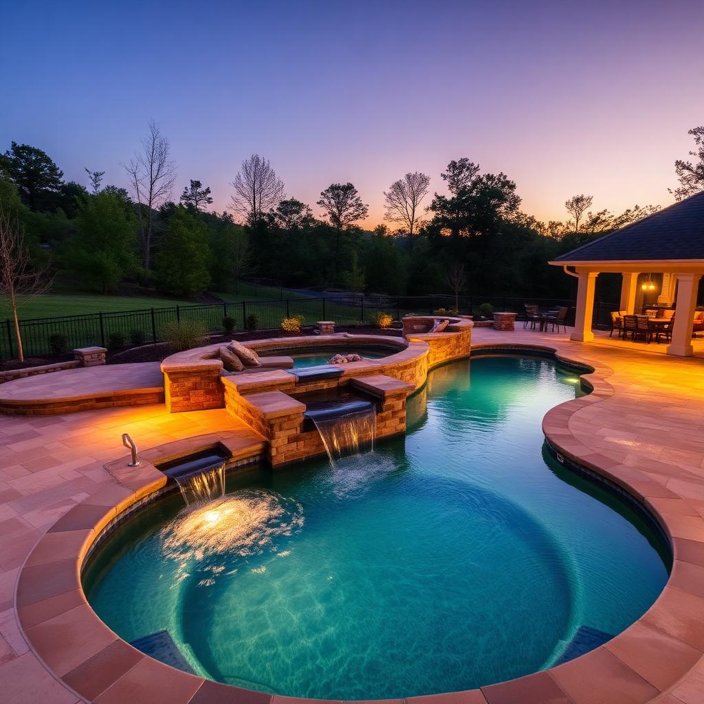 Custom pool with spillover spa and LED lighting at twilight