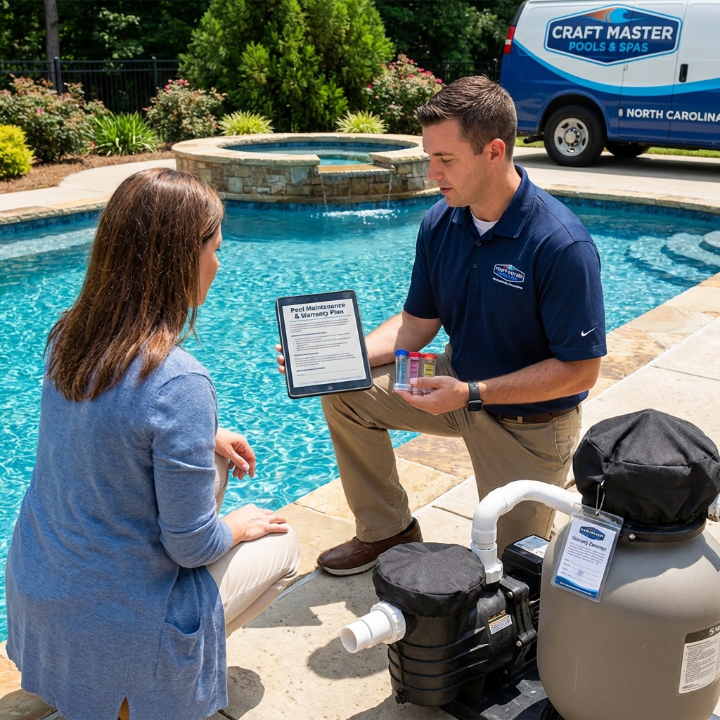 Craft Master Pools technician explaining pool maintenance procedures, water testing, and support options beside equipment and spa features at a North Carolina home