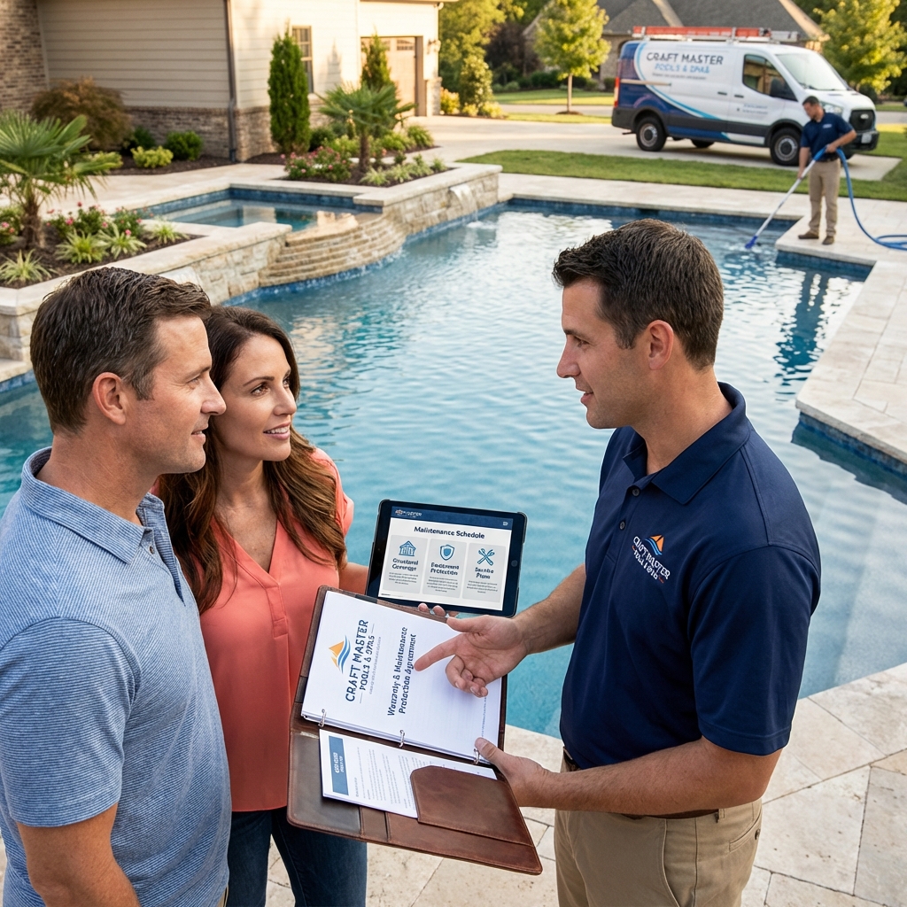 Beautifully landscaped backyard pool area with stone hardscaping and mature plantings