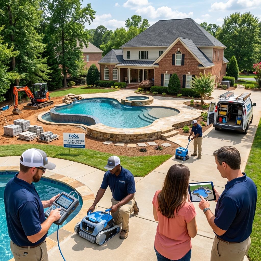 Completed backyard outdoor living space with pool, hardscaped patio, and integrated landscaping