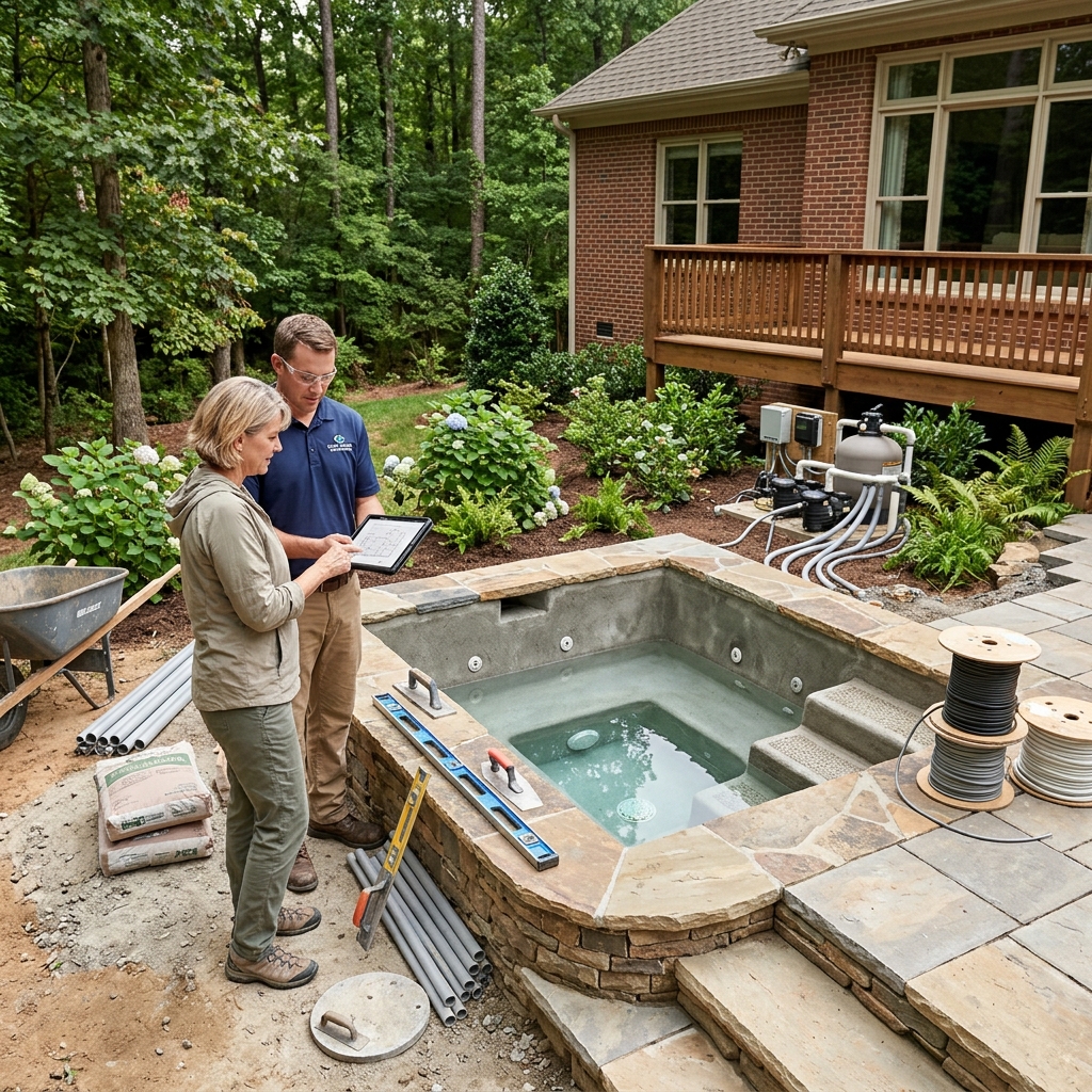 Craft Master technician reviewing spa equipment specifications with a homeowner during site assessment
