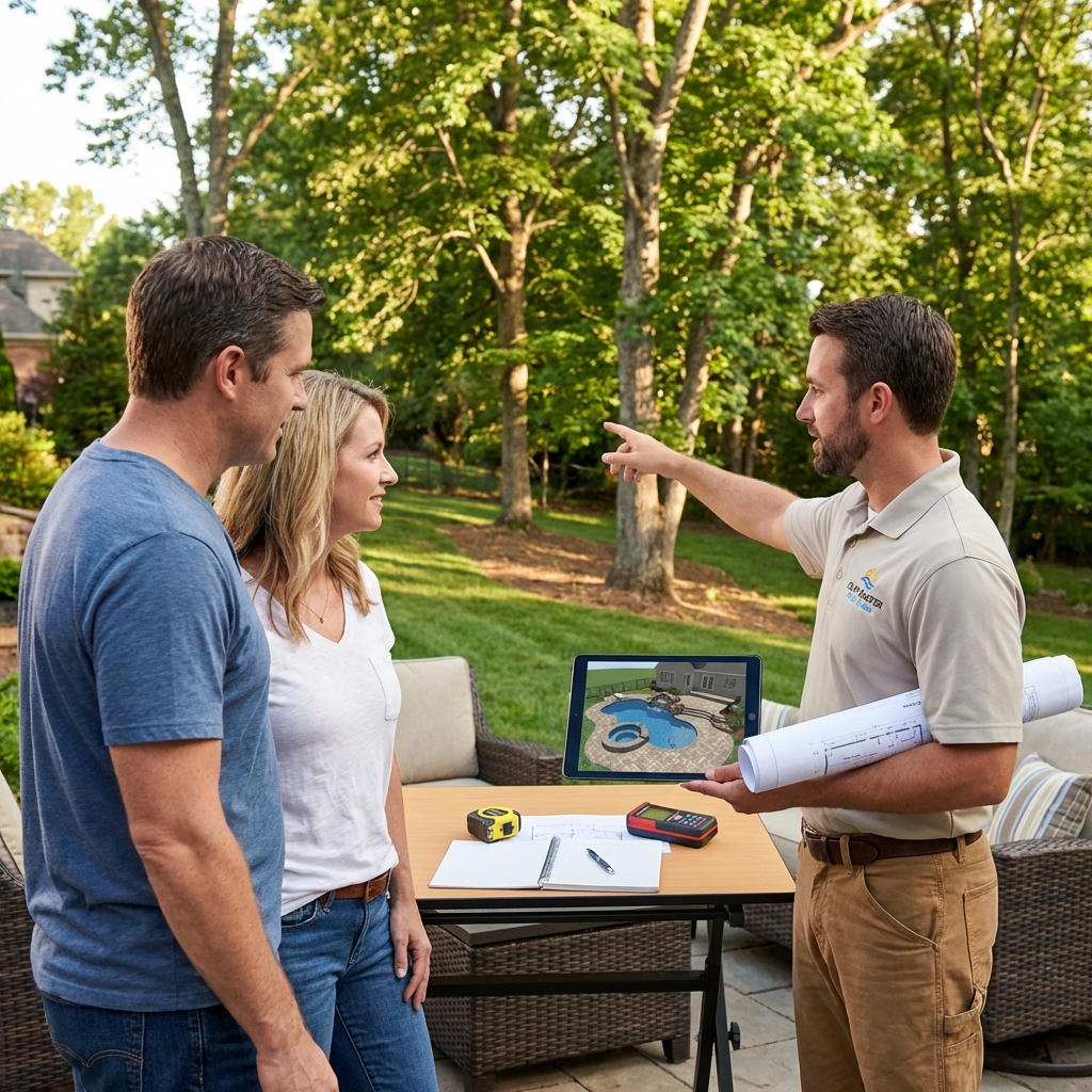 Pool design consultant reviewing 3D plans with homeowners in a Winston-Salem backyard