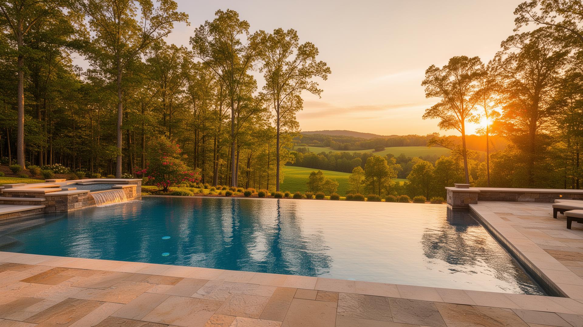 Luxury pool with North Carolina landscape at golden hour