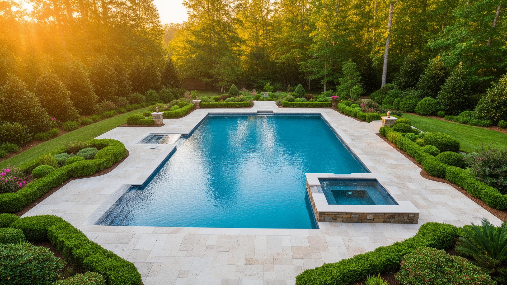Luxury custom pool with spa and lush landscaping at golden hour